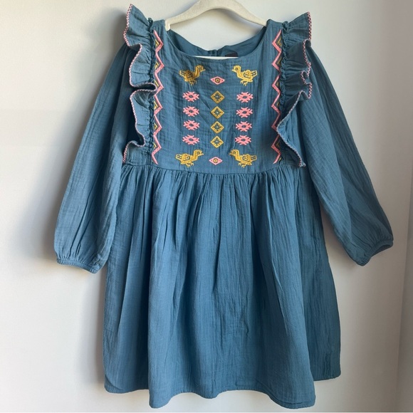 Tea Collection Blue Gauze Dress with Yellow and Pink Embroidery - Size 7 - Picture 1 of 7